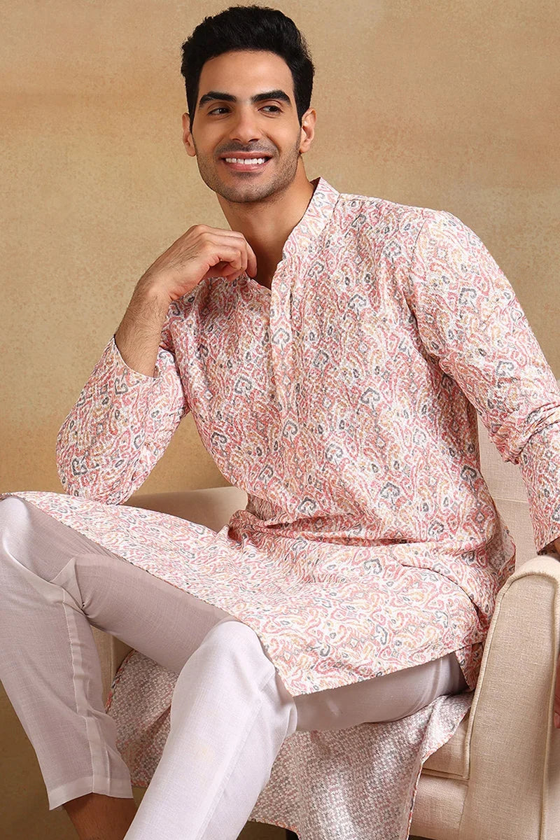 Peach Viscose Rayon Ethnic Motifs Embroidered Straight Kurta For Men MKU1004PCH