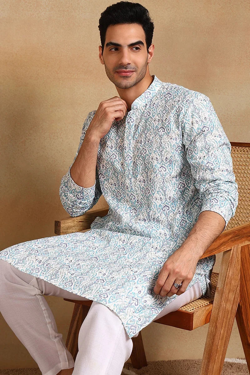 Teal Viscose Rayon Ethnic Motifs Embroidered Straight Kurta For Men MKU1004TIL