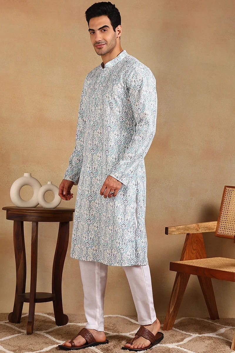Teal Viscose Rayon Ethnic Motifs Embroidered Straight Kurta For Men MKU1004TIL