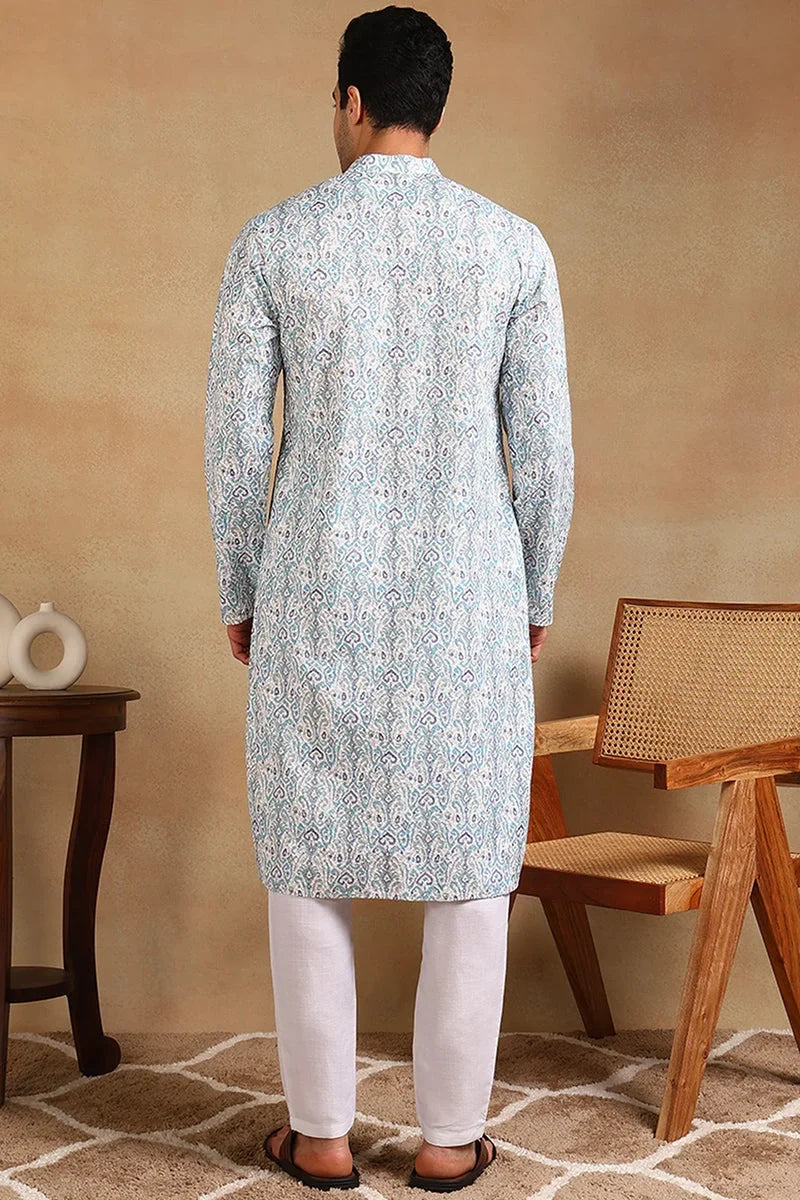 Teal Viscose Rayon Ethnic Motifs Embroidered Straight Kurta For Men MKU1004TIL