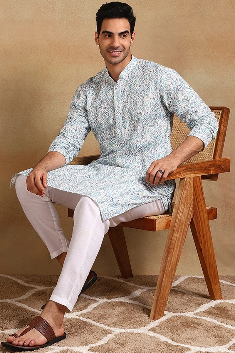 Teal Viscose Rayon Ethnic Motifs Embroidered Straight Kurta For Men MKU1004TIL