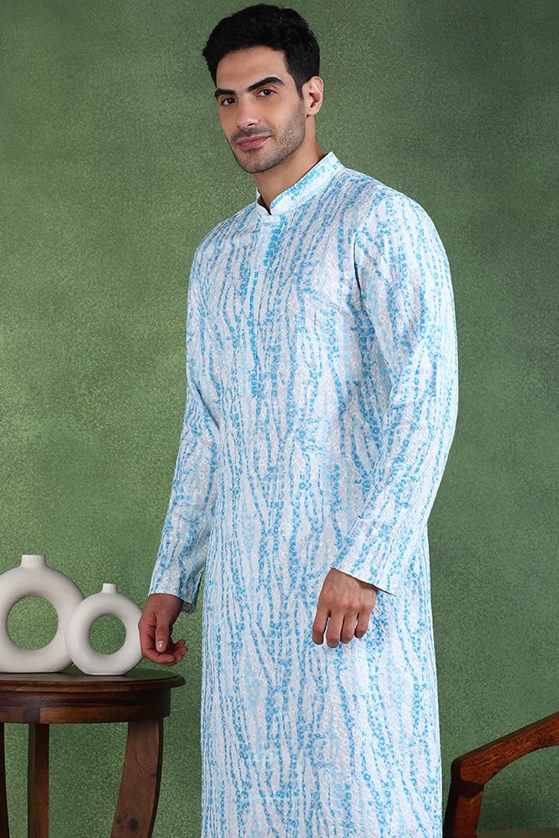 Blue Viscose Rayon Solid Embroidered Straight Kurta For Men MKU1006BLU