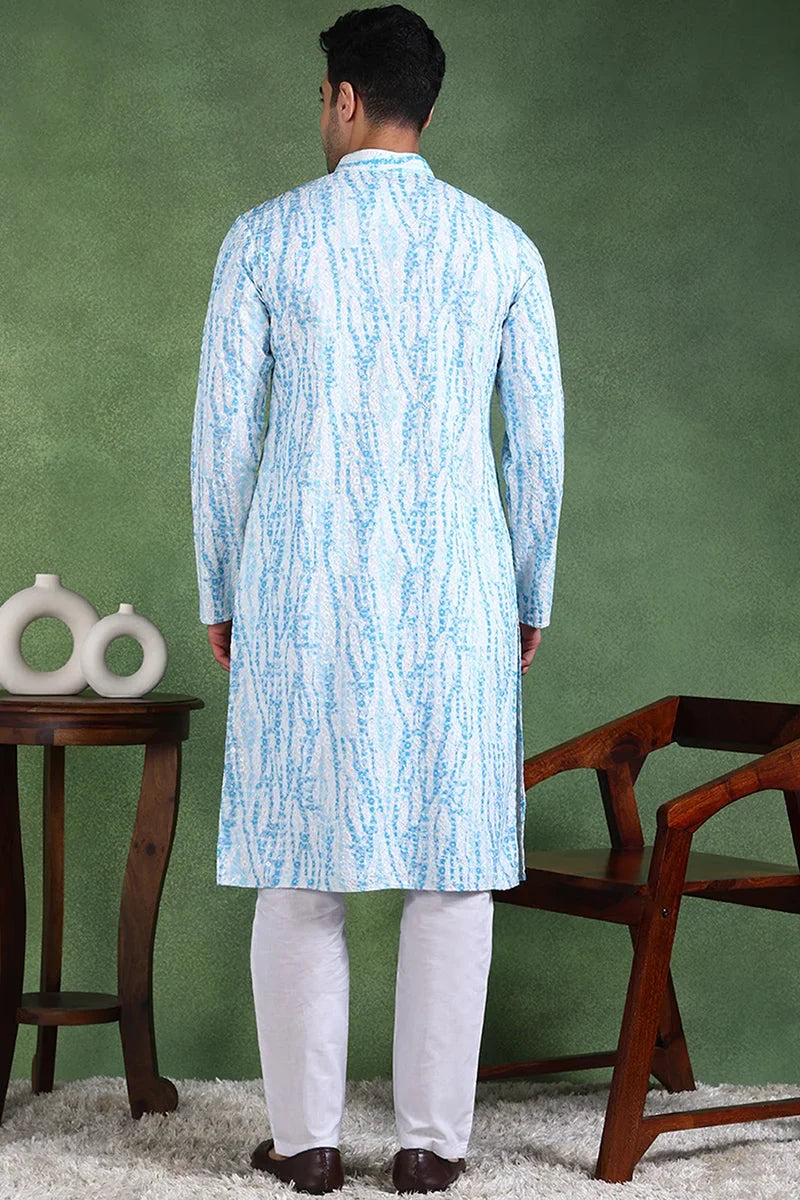 Blue Viscose Rayon Solid Embroidered Straight Kurta For Men MKU1006BLU