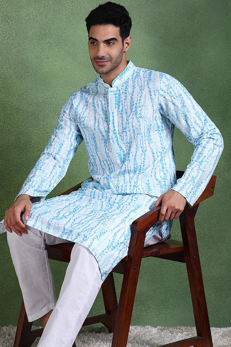 Blue Viscose Rayon Solid Embroidered Straight Kurta For Men MKU1006BLU
