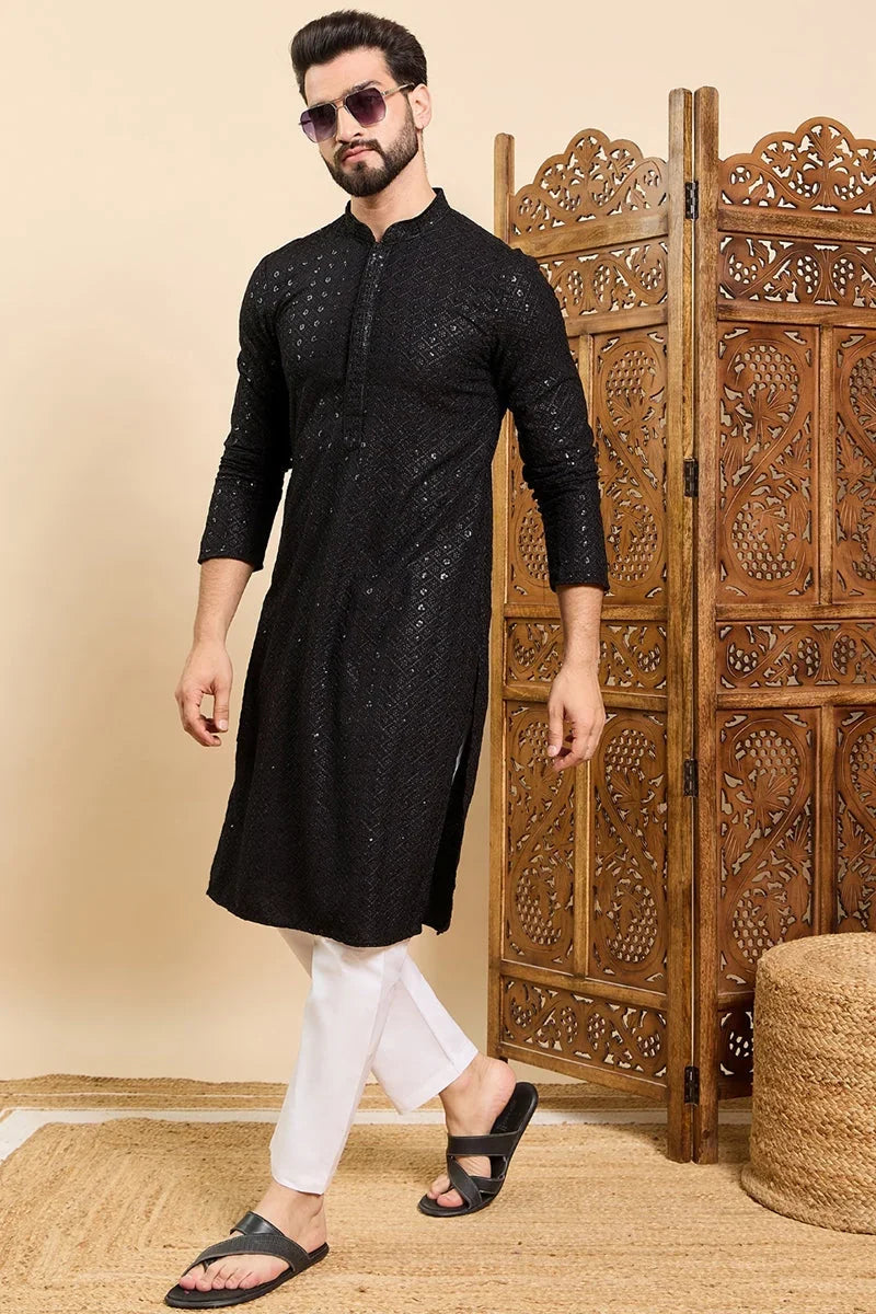 Black Viscose Rayon Solid Embroidered Ethnic Straight Sequins Kurta For Men MKU1007BLK