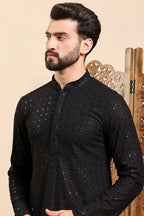 Black Viscose Rayon Solid Embroidered Ethnic Straight Sequins Kurta For Men MKU1007BLK