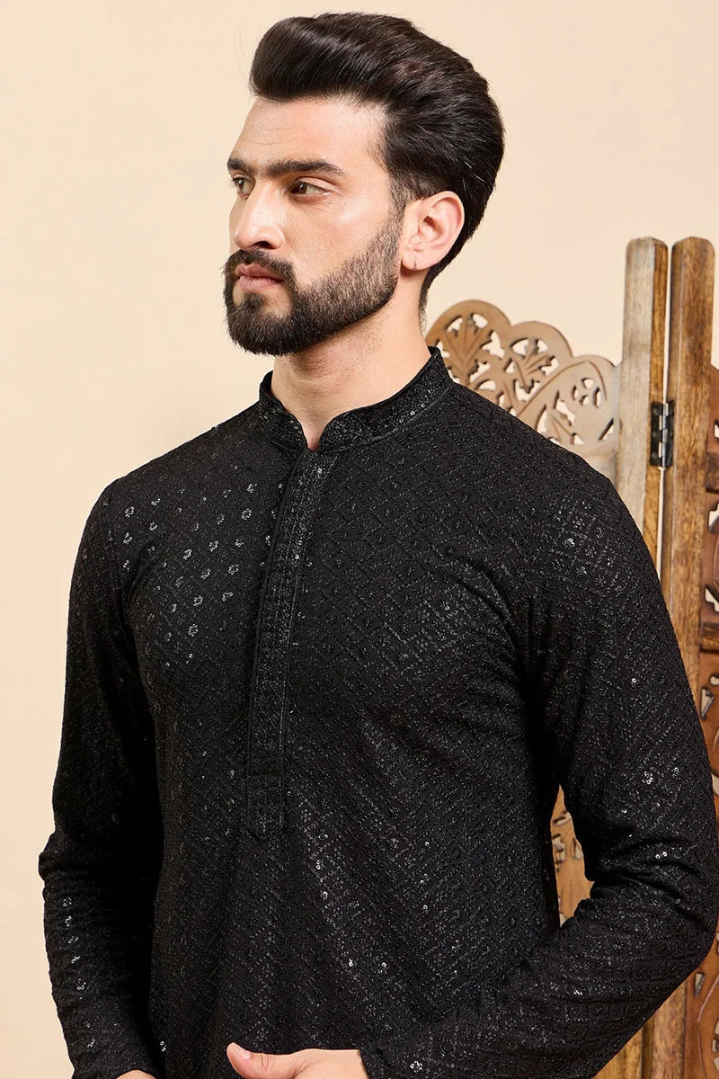 Black Viscose Rayon Solid Embroidered Ethnic Straight Sequins Kurta For Men MKU1007BLK