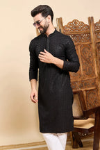 Black Viscose Rayon Solid Embroidered Ethnic Straight Sequins Kurta For Men MKU1007BLK