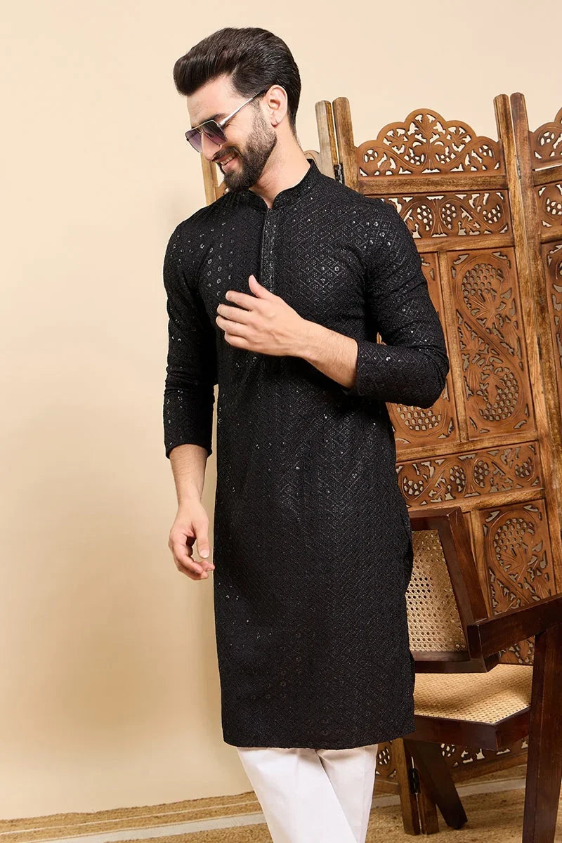 Black Viscose Rayon Solid Embroidered Ethnic Straight Sequins Kurta For Men MKU1007BLK