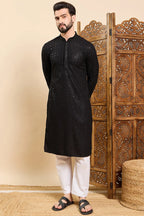 Black Viscose Rayon Solid Embroidered Ethnic Straight Sequins Kurta For Men MKU1007BLK