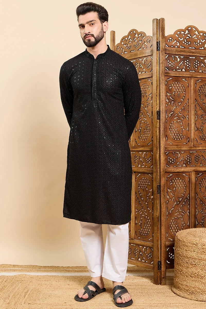 Black Viscose Rayon Solid Embroidered Ethnic Straight Sequins Kurta For Men MKU1007BLK