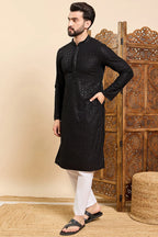 Black Viscose Rayon Solid Embroidered Ethnic Straight Sequins Kurta For Men MKU1007BLK