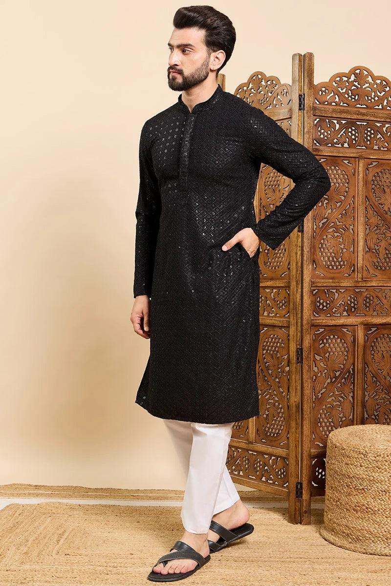 Black Viscose Rayon Solid Embroidered Ethnic Straight Sequins Kurta For Men MKU1007BLK