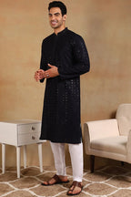 Navy Blue Viscose Rayon Solid Embroidered Straight Kurta For Men MKU1007BLU