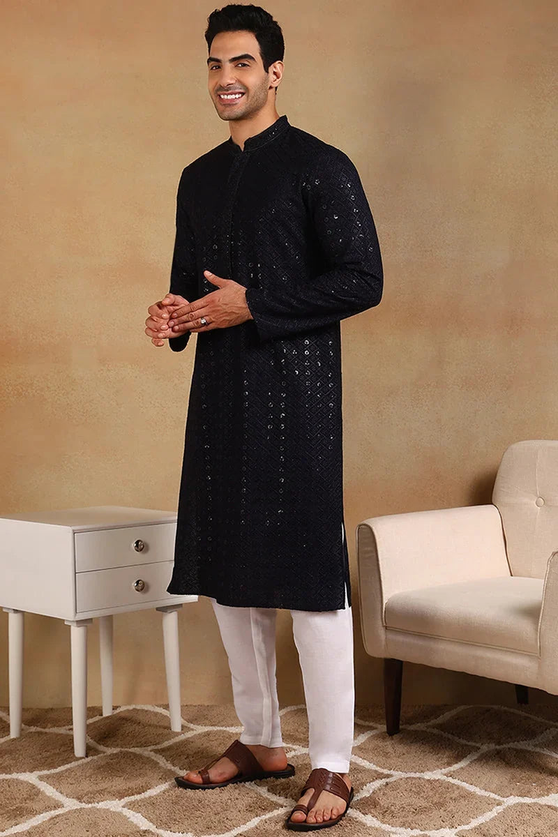 Navy Blue Viscose Rayon Solid Embroidered Straight Kurta For Men MKU1007BLU
