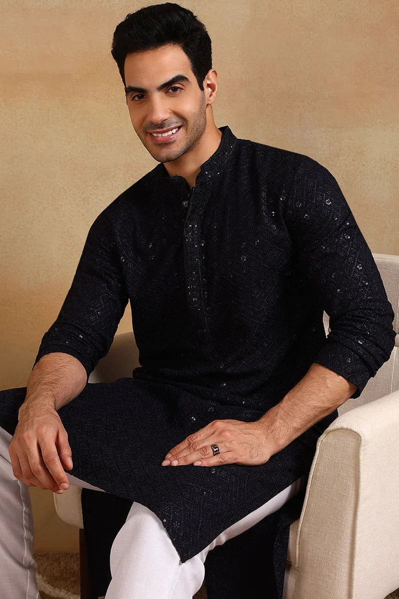 Navy Blue Viscose Rayon Solid Embroidered Straight Kurta For Men MKU1007BLU
