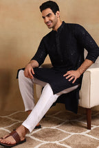 Navy Blue Viscose Rayon Solid Embroidered Straight Kurta For Men MKU1007BLU
