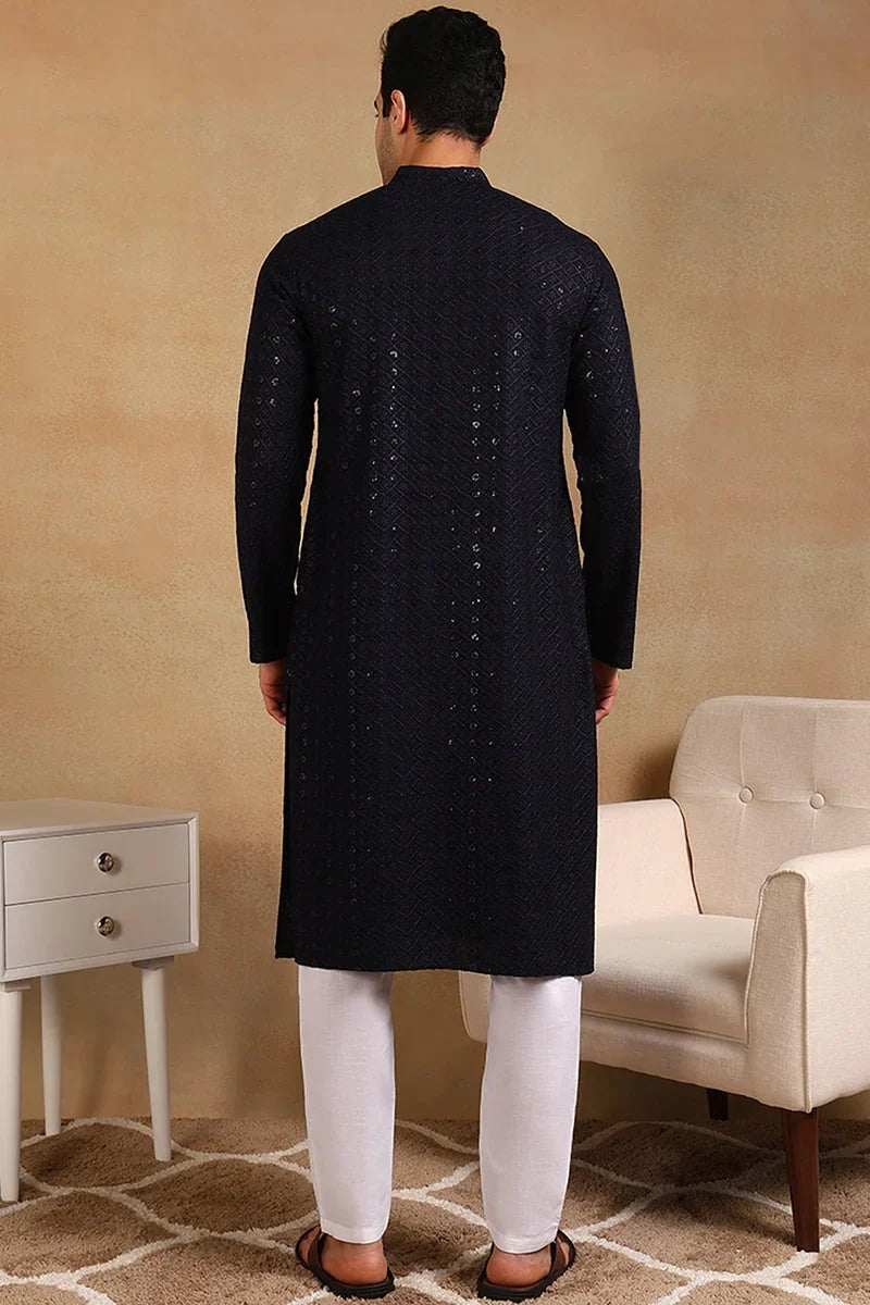 Navy Blue Viscose Rayon Solid Embroidered Straight Kurta For Men MKU1007BLU