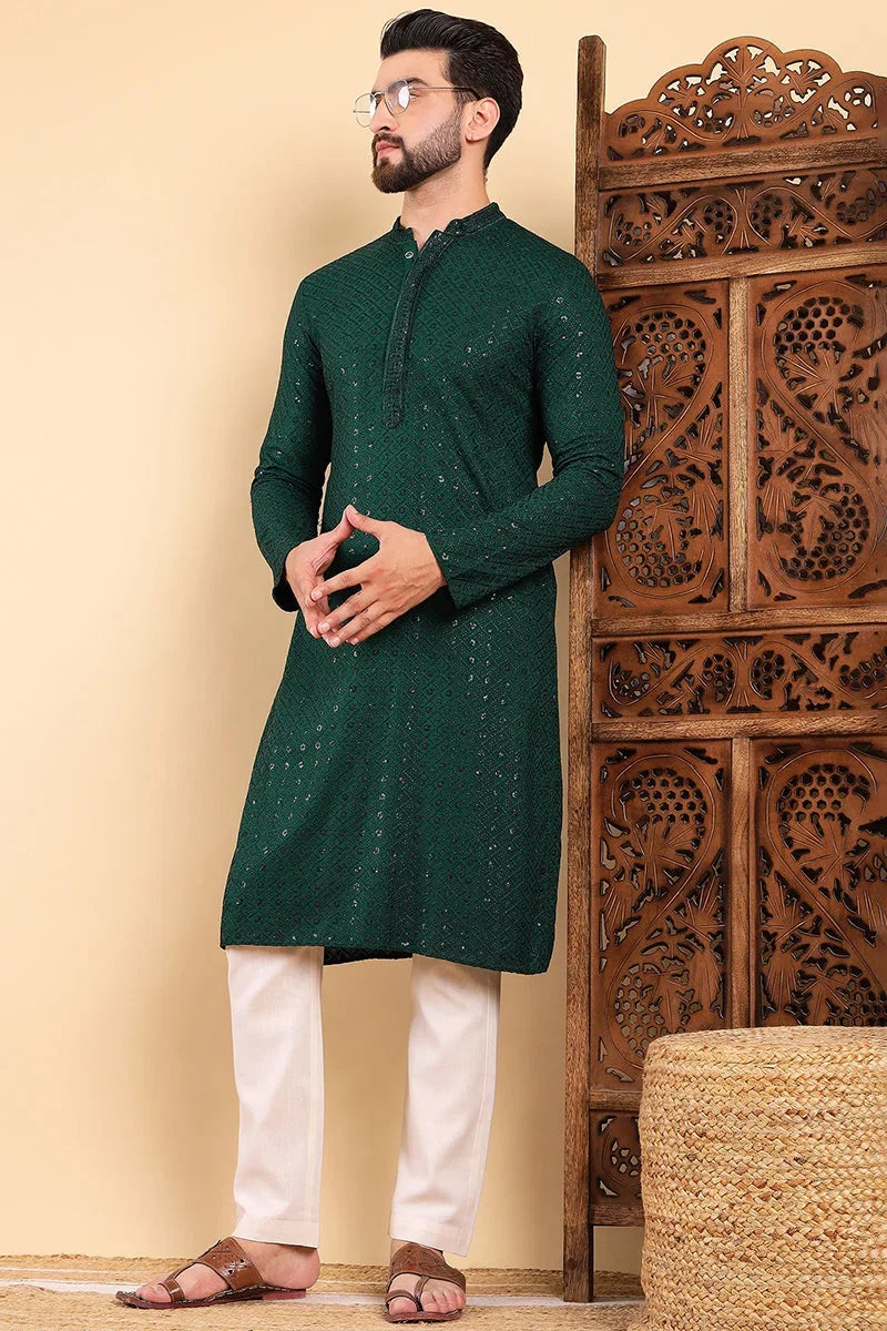 Green Viscose Rayon Solid Embroidered Straight Kurta For Men MKU1007GRN