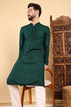 Green Viscose Rayon Solid Embroidered Straight Kurta For Men MKU1007GRN