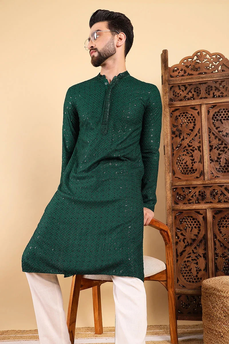 Green Viscose Rayon Solid Embroidered Straight Kurta For Men MKU1007GRN