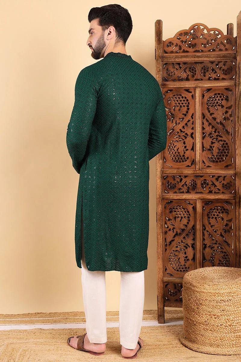 Green Viscose Rayon Solid Embroidered Straight Kurta For Men MKU1007GRN