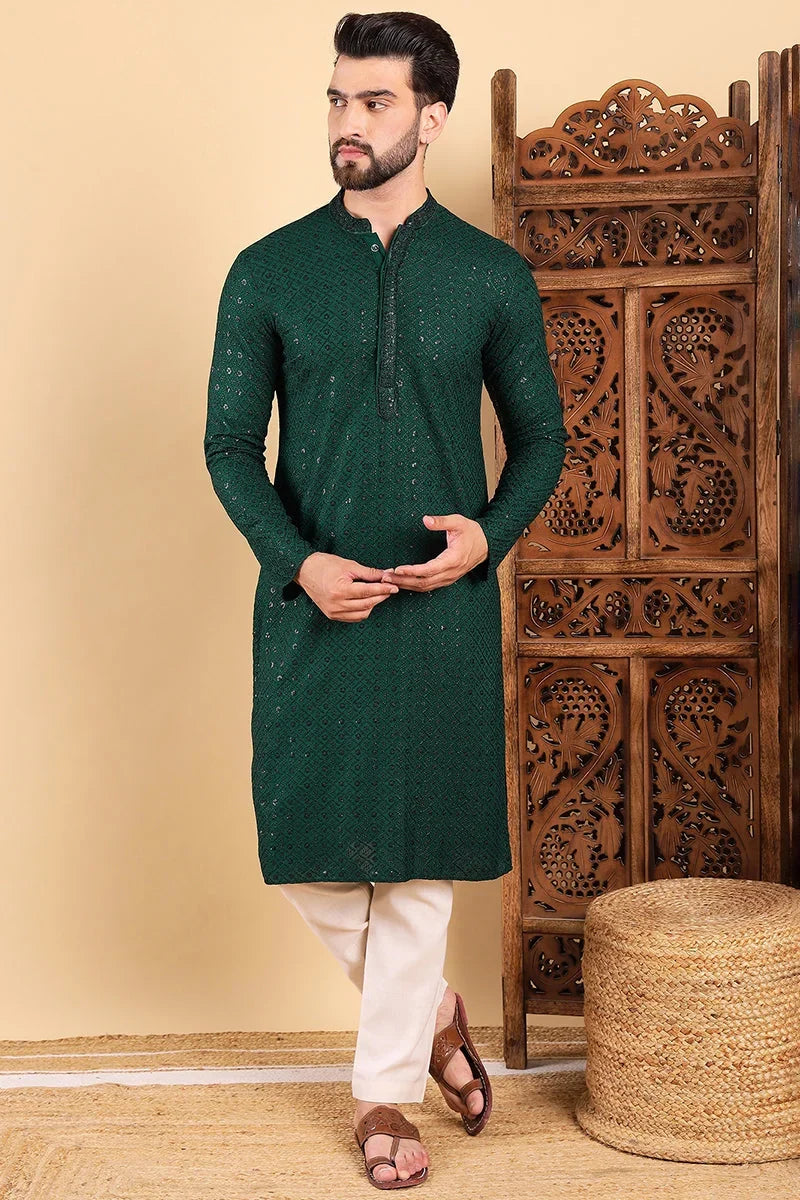 Green Viscose Rayon Solid Embroidered Straight Kurta For Men MKU1007GRN
