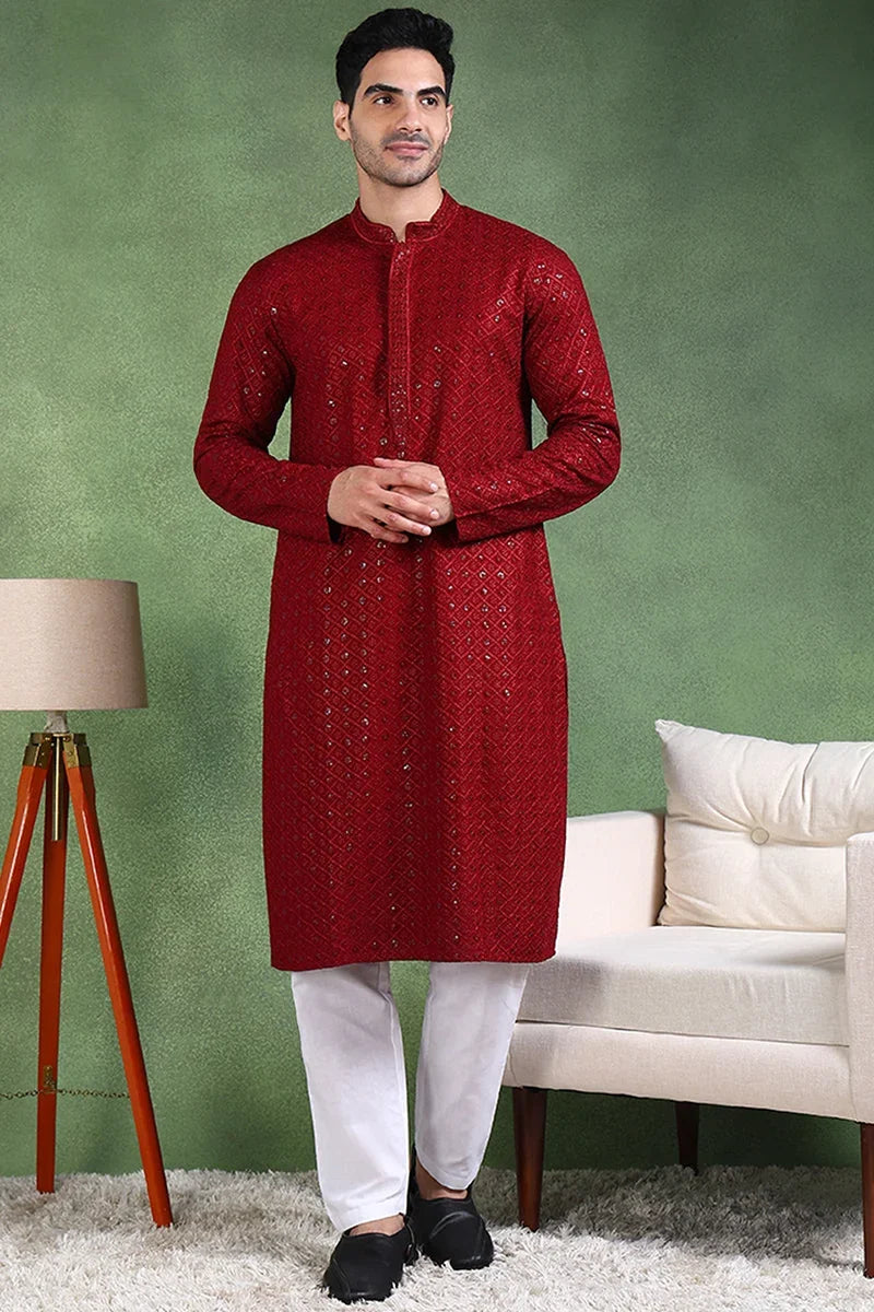 Maroon Viscose Rayon Solid Embroidered Straight Kurta For Men MKU1007MRN