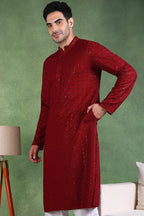 Maroon Viscose Rayon Solid Embroidered Straight Kurta For Men MKU1007MRN