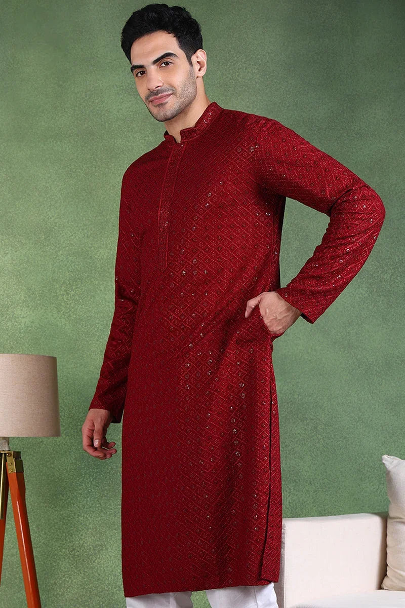 Maroon Viscose Rayon Solid Embroidered Straight Kurta For Men MKU1007MRN