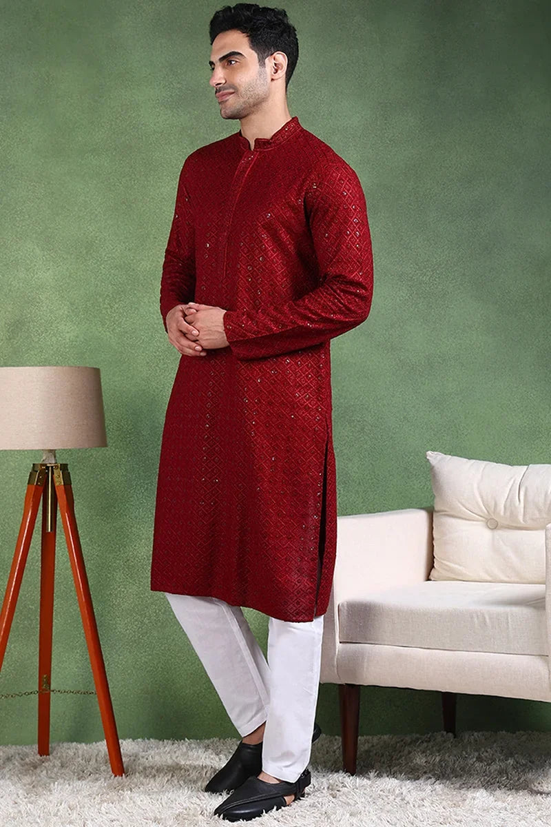 Maroon Viscose Rayon Solid Embroidered Straight Kurta For Men MKU1007MRN