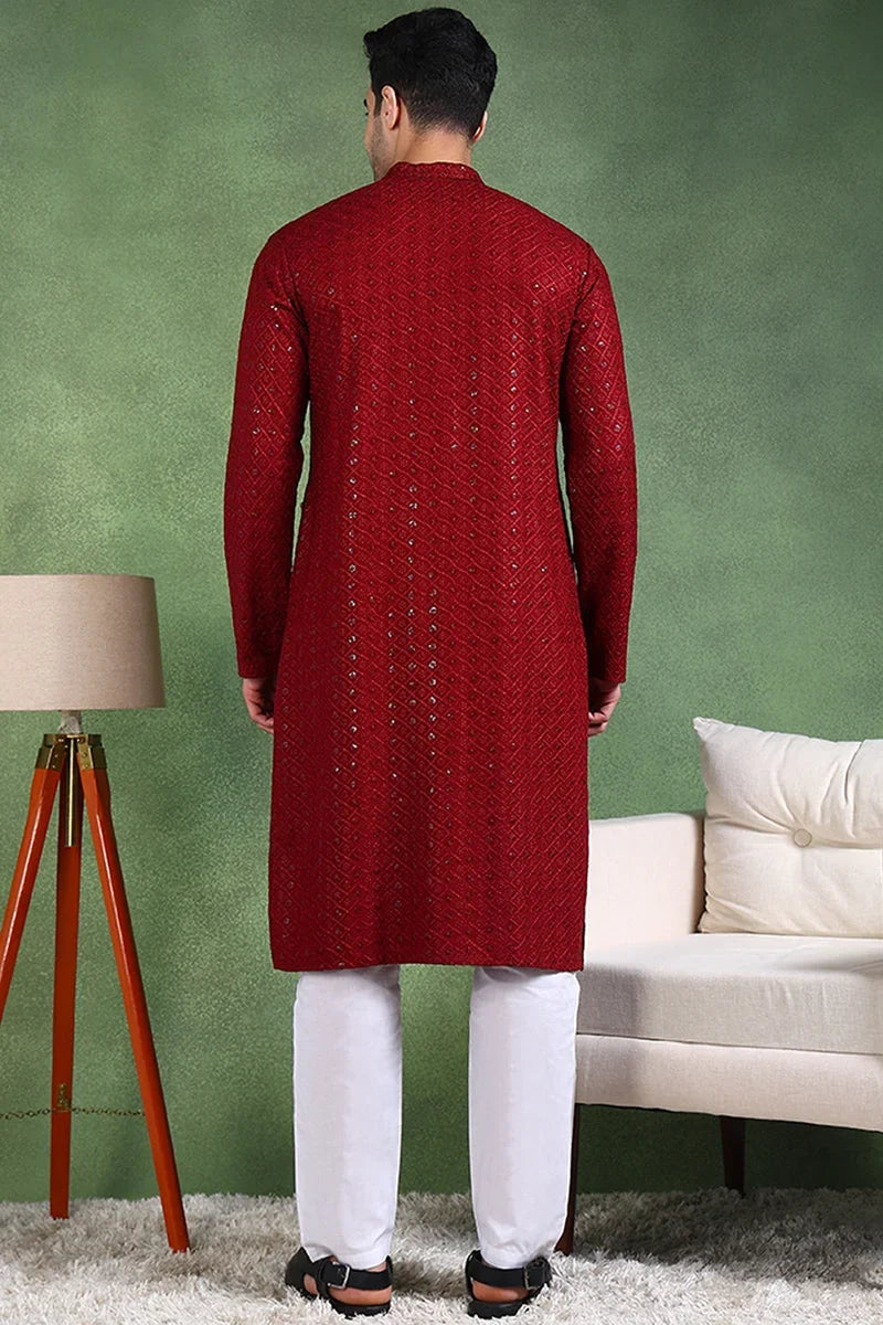 Maroon Viscose Rayon Solid Embroidered Straight Kurta For Men MKU1007MRN