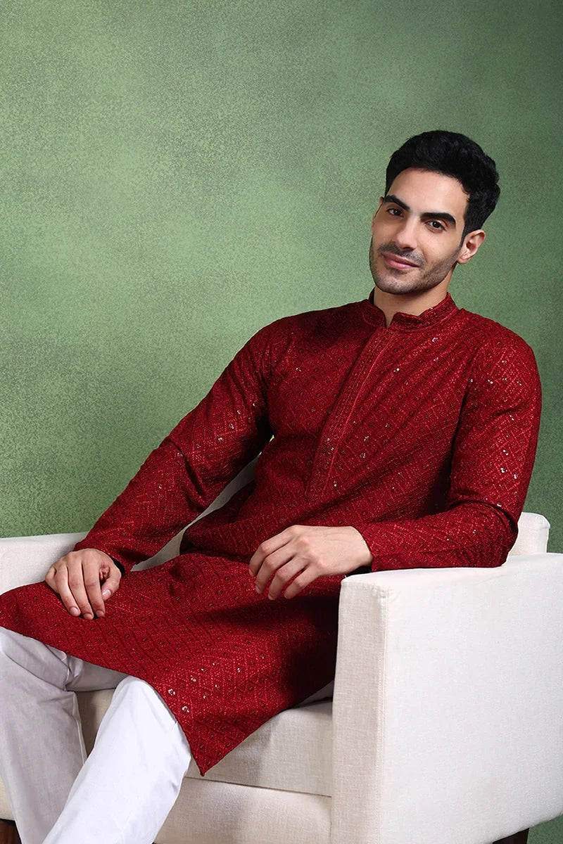 Maroon Viscose Rayon Solid Embroidered Straight Kurta For Men MKU1007MRN
