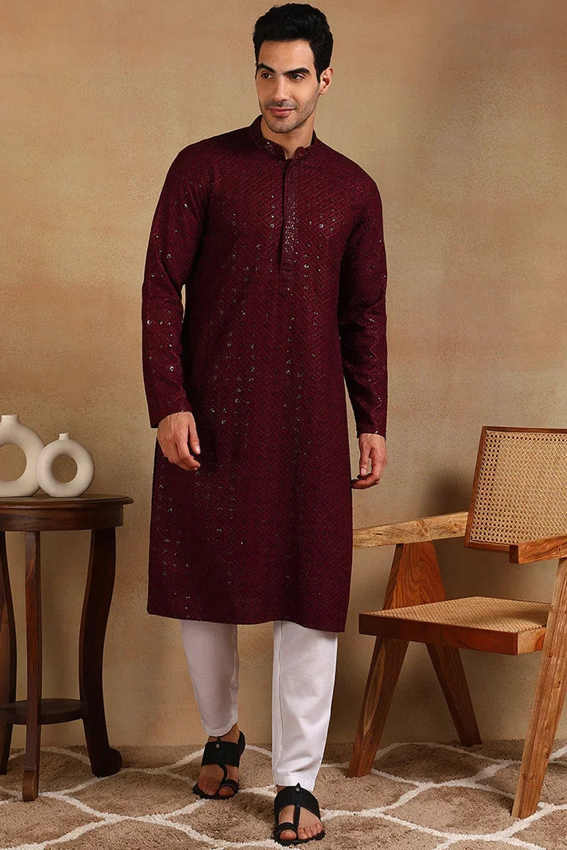 Wine Viscose Rayon Solid Embroidered Straight Kurta For Men MKU1007WIN