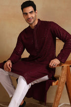 Wine Viscose Rayon Solid Embroidered Straight Kurta For Men MKU1007WIN