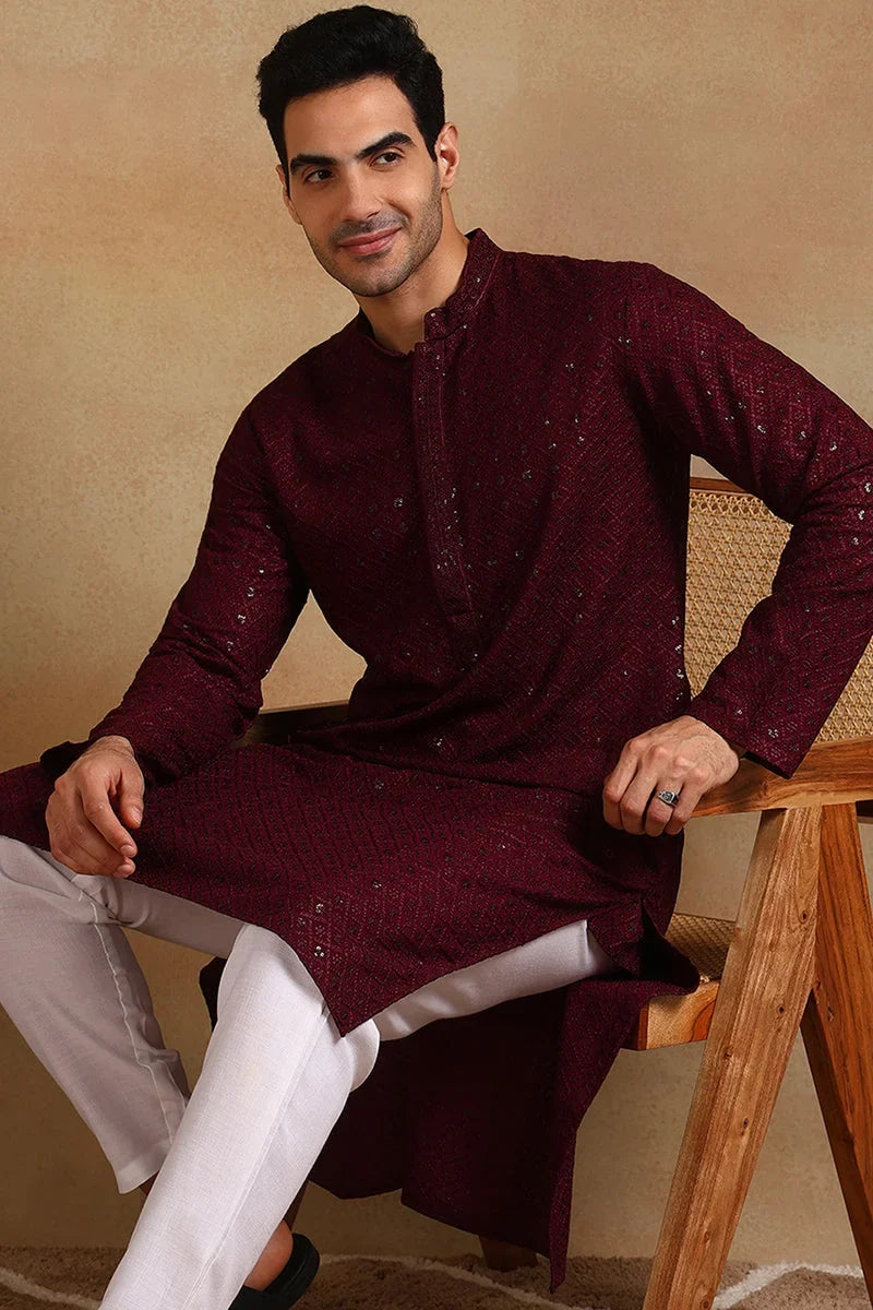 Wine Viscose Rayon Solid Embroidered Straight Kurta For Men MKU1007WIN