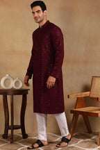 Wine Viscose Rayon Solid Embroidered Straight Kurta For Men MKU1007WIN