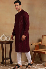 Wine Viscose Rayon Solid Embroidered Straight Kurta For Men MKU1007WIN