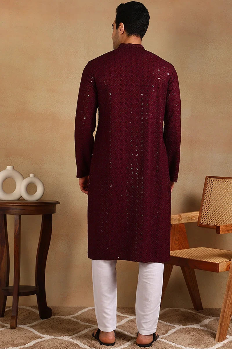 Wine Viscose Rayon Solid Embroidered Straight Kurta For Men MKU1007WIN