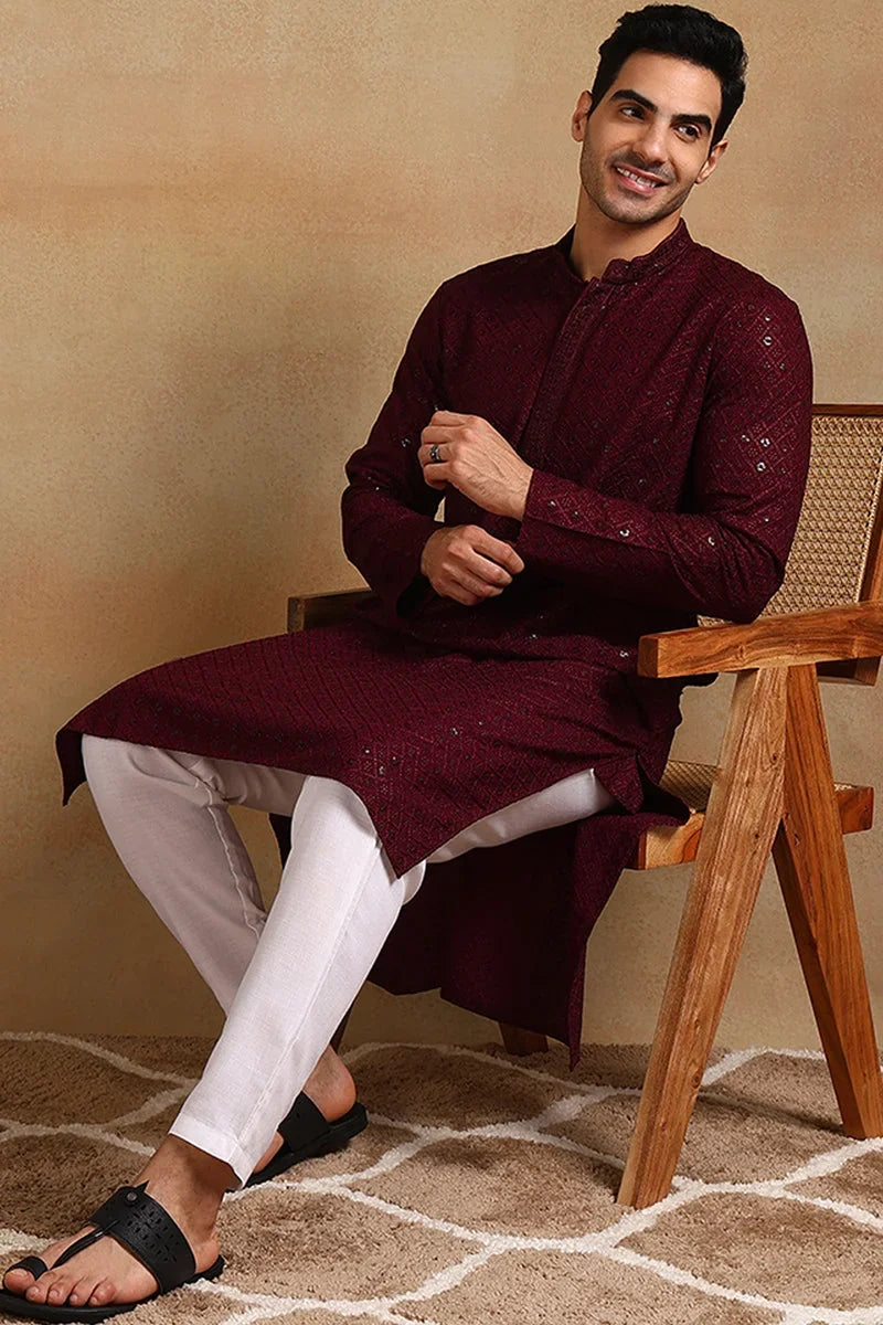 Wine Viscose Rayon Solid Embroidered Straight Kurta For Men MKU1007WIN