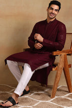 Wine Viscose Rayon Solid Embroidered Straight Kurta For Men MKU1007WIN