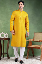 Mustard Viscose Rayon Solid Embroidered Straight Kurta For Men MKU1007YLW
