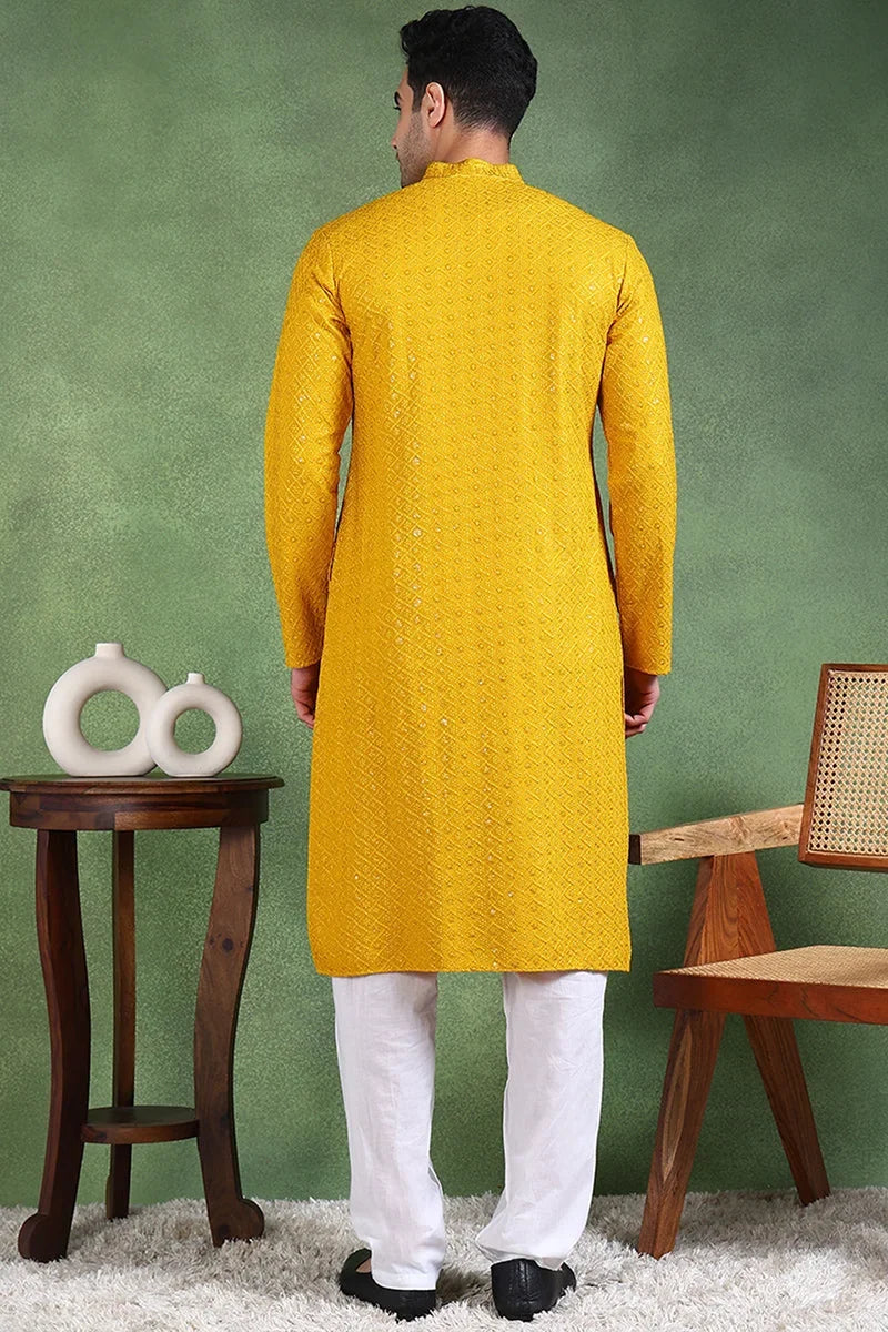 Mustard Viscose Rayon Solid Embroidered Straight Kurta For Men MKU1007YLW