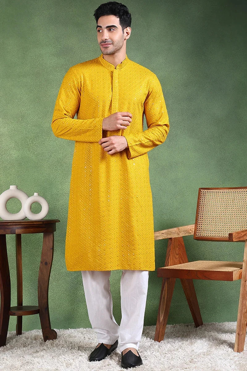 Mustard Viscose Rayon Solid Embroidered Straight Kurta For Men MKU1007YLW