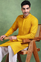 Mustard Viscose Rayon Solid Embroidered Straight Kurta For Men MKU1007YLW