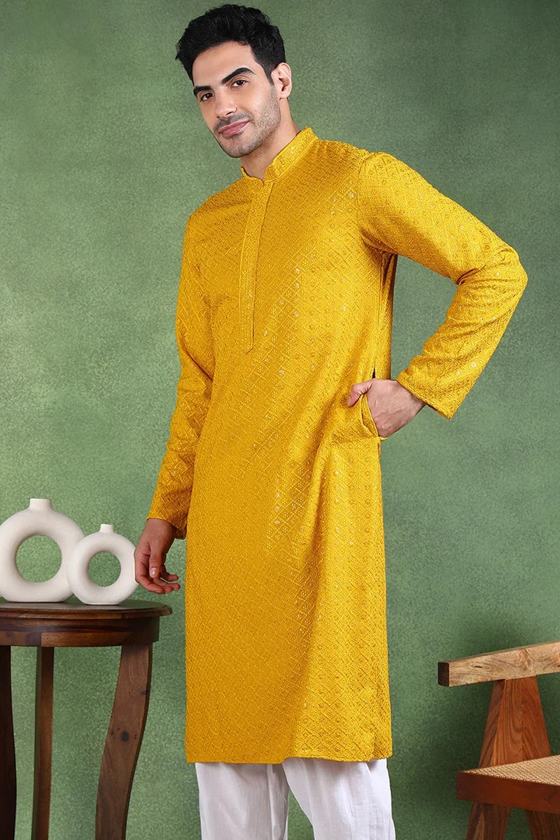 Mustard Viscose Rayon Solid Embroidered Straight Kurta For Men MKU1007YLW