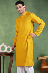Mustard Viscose Rayon Solid Embroidered Straight Kurta For Men MKU1007YLW