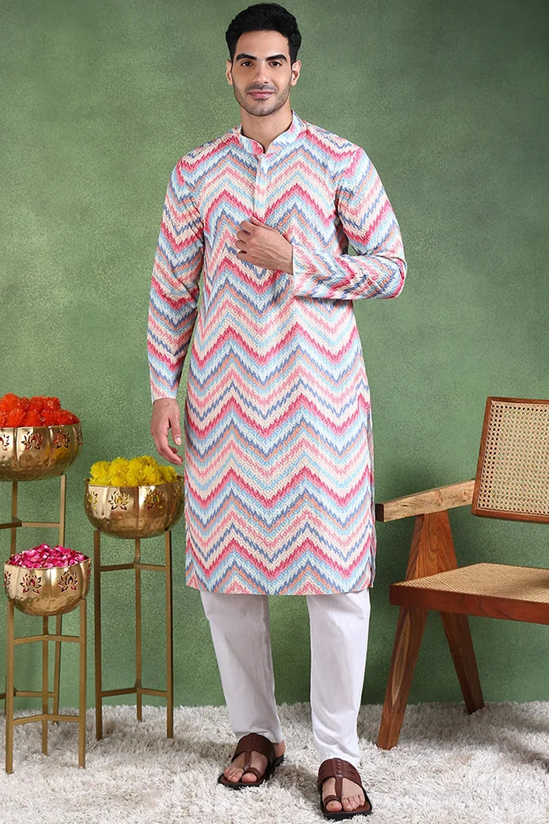 Pink Viscose Rayon Ikat Embroidered Straight Kurta For Men MKU1008PNK