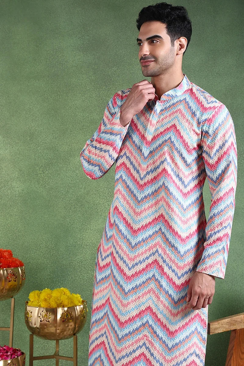 Pink Viscose Rayon Ikat Embroidered Straight Kurta For Men MKU1008PNK