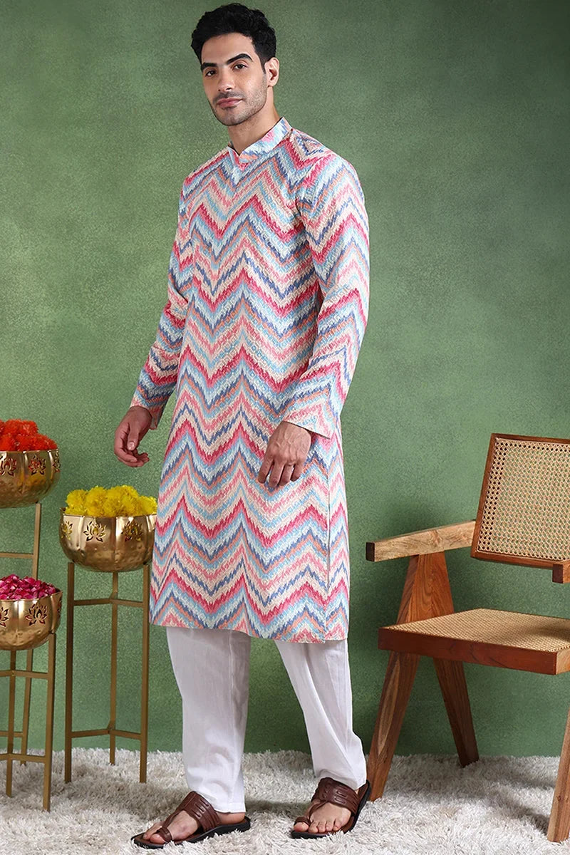 Pink Viscose Rayon Ikat Embroidered Straight Kurta For Men MKU1008PNK